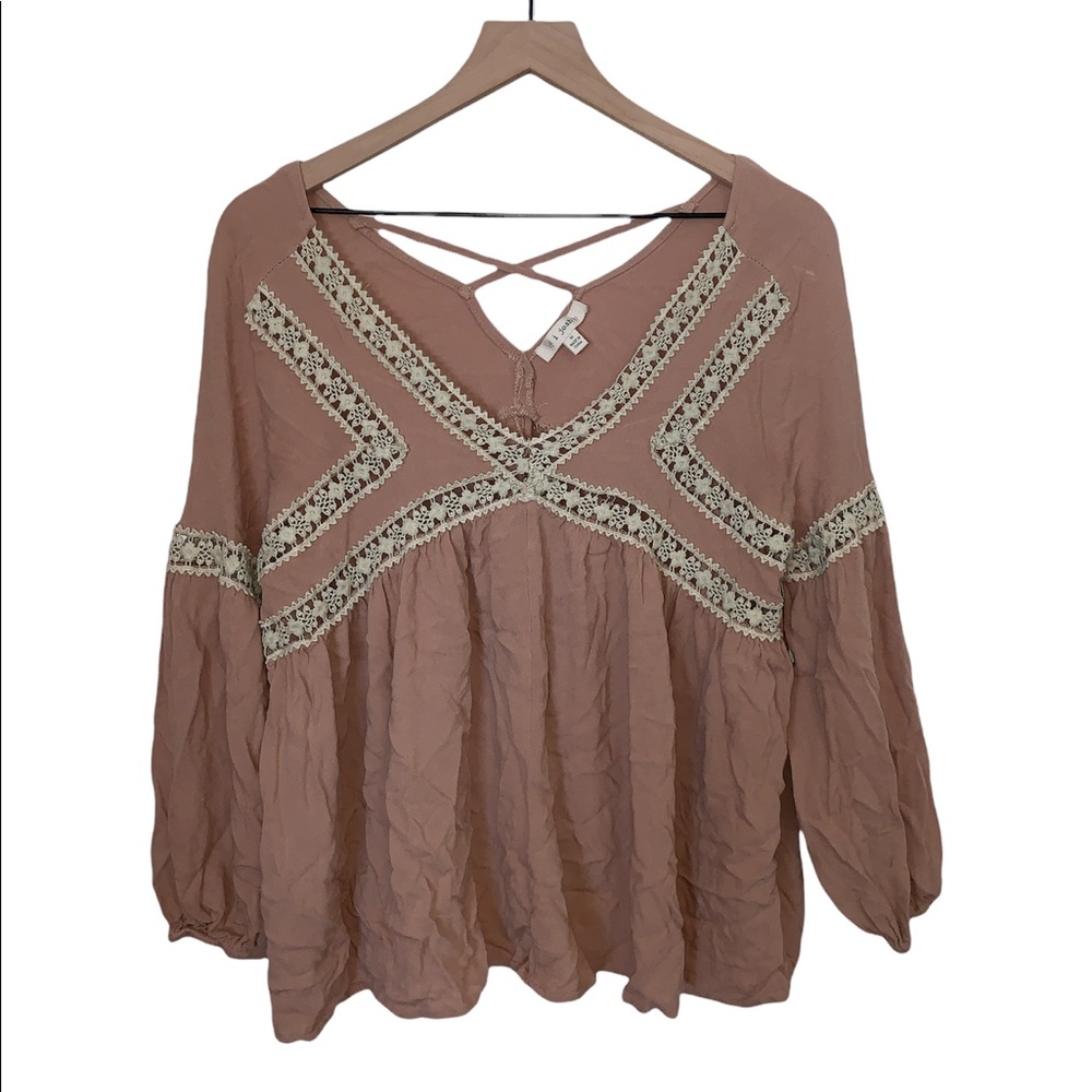 i joah dusty pink lace eyelet cutout long sleeve flowy boho casual oversized top